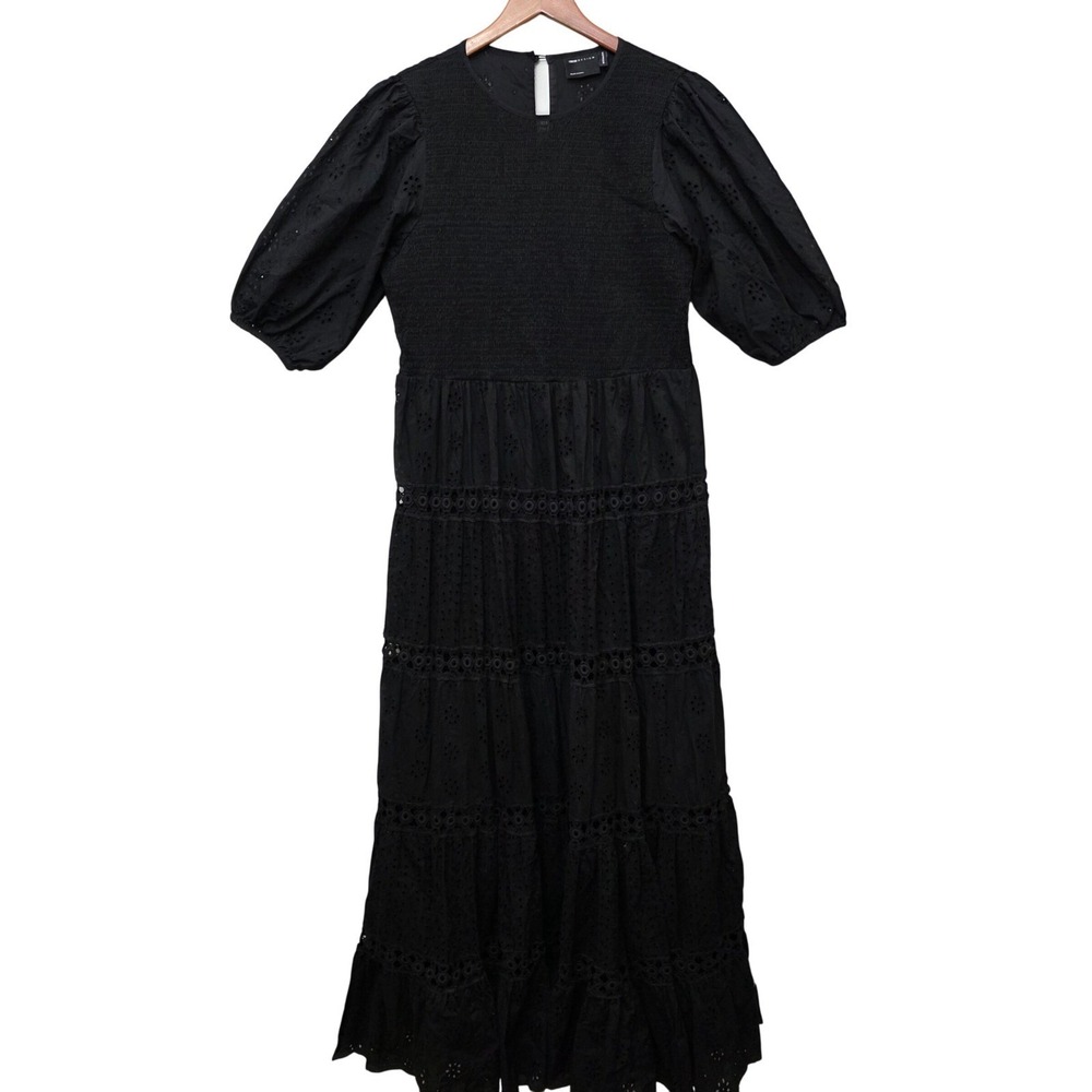 ASOS DESIGN Black Eyelet Cotton Smocked Tiered Maxi Dress Puff Sleeve US 14 Boho - Picture 2 of 15